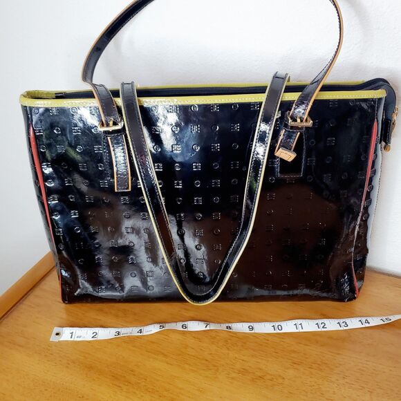 VTG ARCADIA Black Gloss TOTE BAG SHOULDER PURSE PATENT LEATHER Travel Bag - Picture 12 of 12